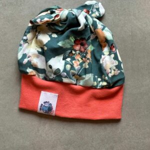 Bonnet OEKO-TEX® - Fleurs Sauvages Vert & Bordure Corail