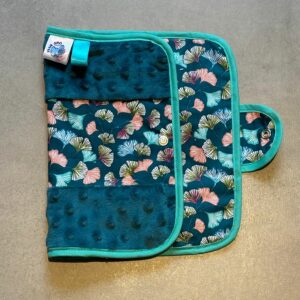 Protège carnet OEKO-TEX® - Ginkgo vert & Minky bleu canard