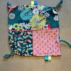 Doudou carré OEKO-TEX® - Fleurs turquoise & douceur rose