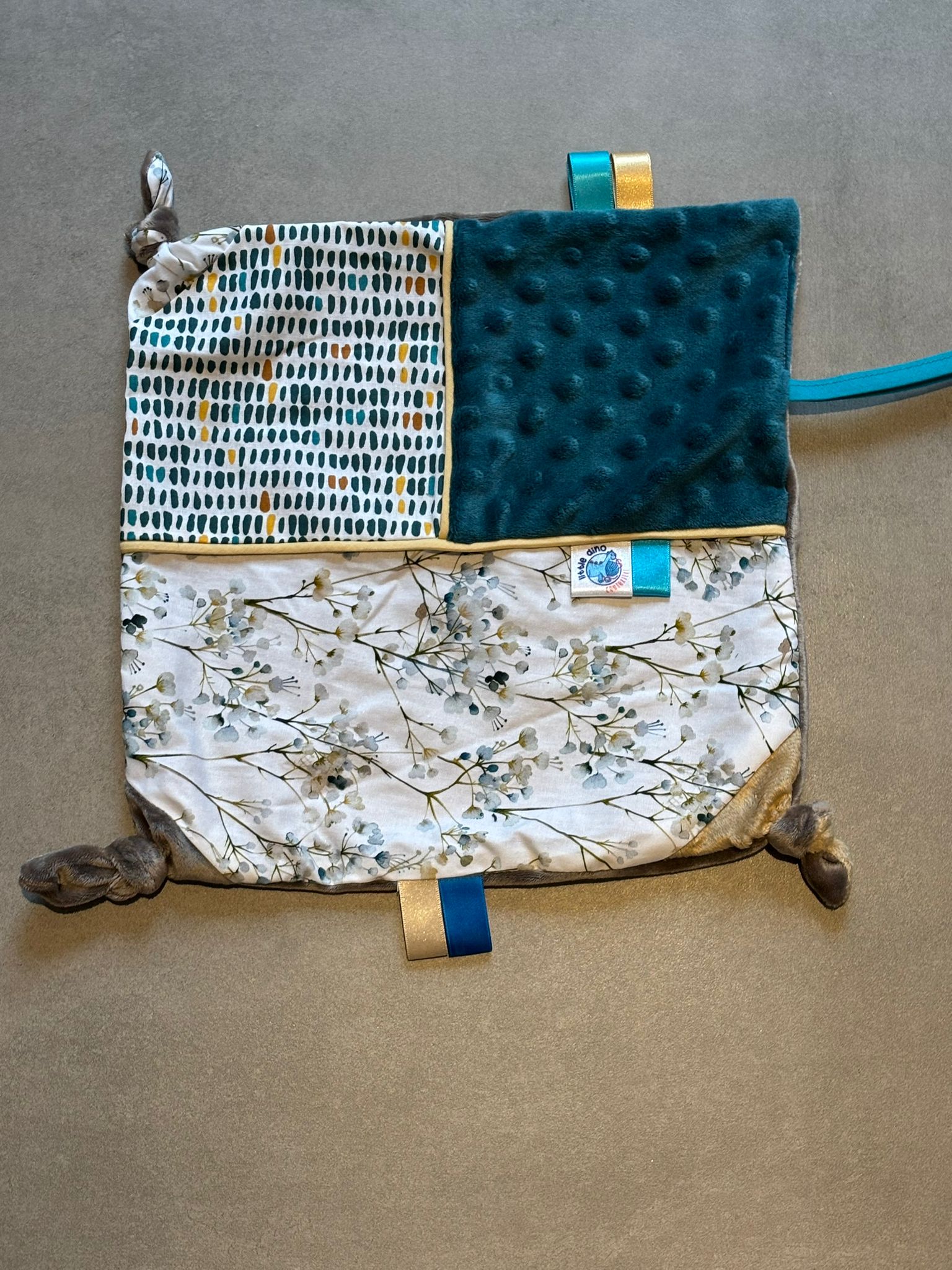 Doudou carré OEKO-TEX® - Brindilles bleues & velours émeraude