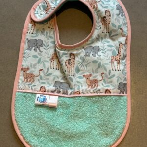 Bavoir OEKO-TEX® – Animaux de la Savane & Éponge Vert d’Eau