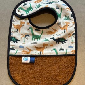 Bavoir OEKO-TEX® – Dinosaures & Éponge Caramel